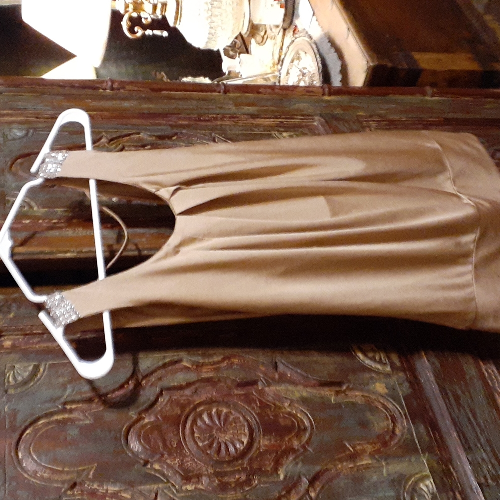 Aggie Small light tan blouse with rhinestone shoulder detail and back